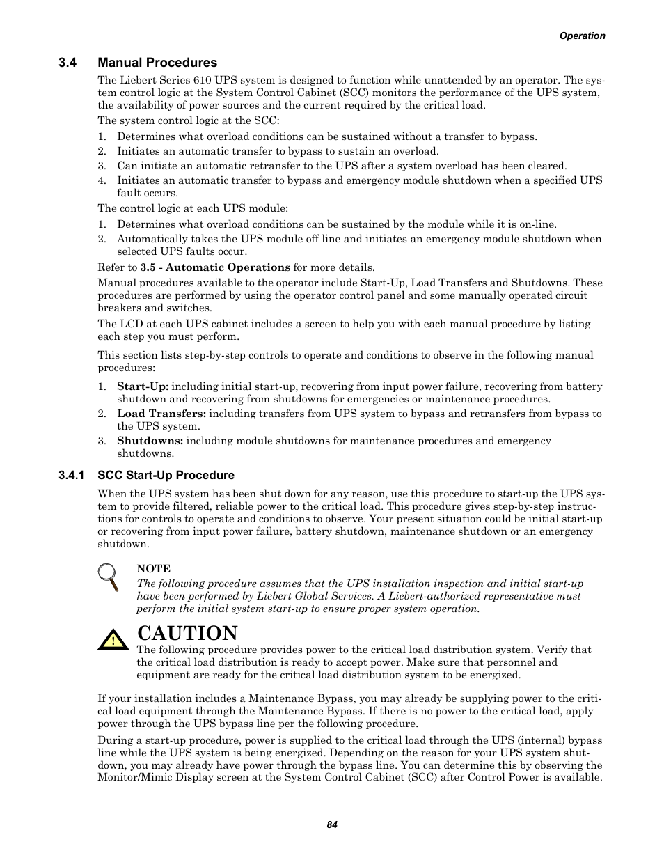 4 manual procedures, 1 scc start-up procedure, Manual procedures | Scc start-up procedure, 1 - scc start-up procedure for m, Caution | Liebert 1000kVA User Manual | Page 90 / 120