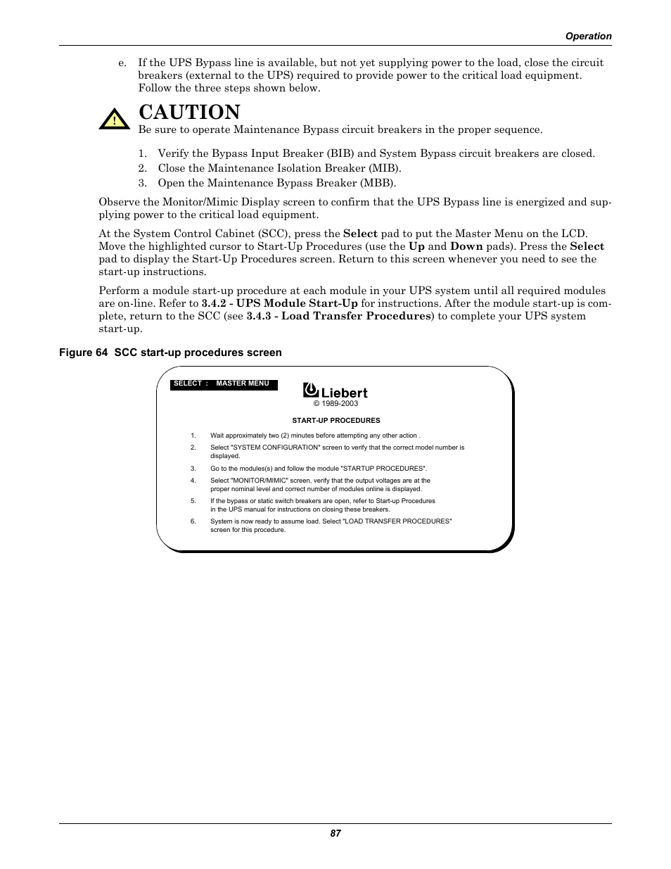 Figure 64 scc start-up procedures screen, Caution | Liebert 1000kVA User Manual | Page 93 / 120