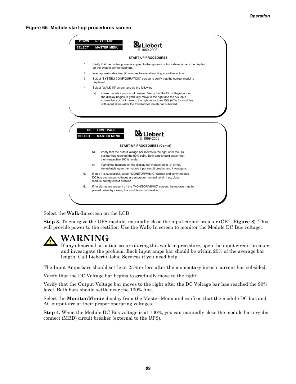 Figure 65 module start-up procedures screen, Warning | Liebert 1000kVA User Manual | Page 95 / 120