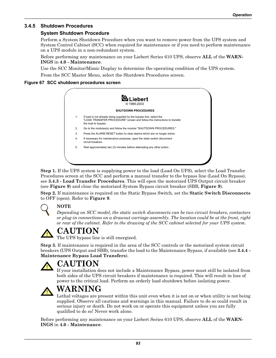 5 shutdown procedures, System shutdown procedure, Figure 67 scc shutdown procedures screen | Shutdown procedures, Caution, Warning | Liebert 1000kVA User Manual | Page 99 / 120