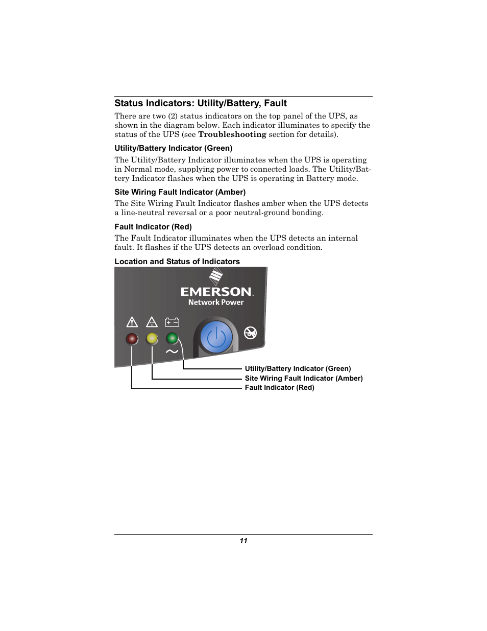 Status indicators: utility/battery, fault, Utility/battery indicator (green), Site wiring fault indicator (amber) | Fault indicator (red), Location and status of indicators | Liebert 350-500 VA User Manual | Page 15 / 24
