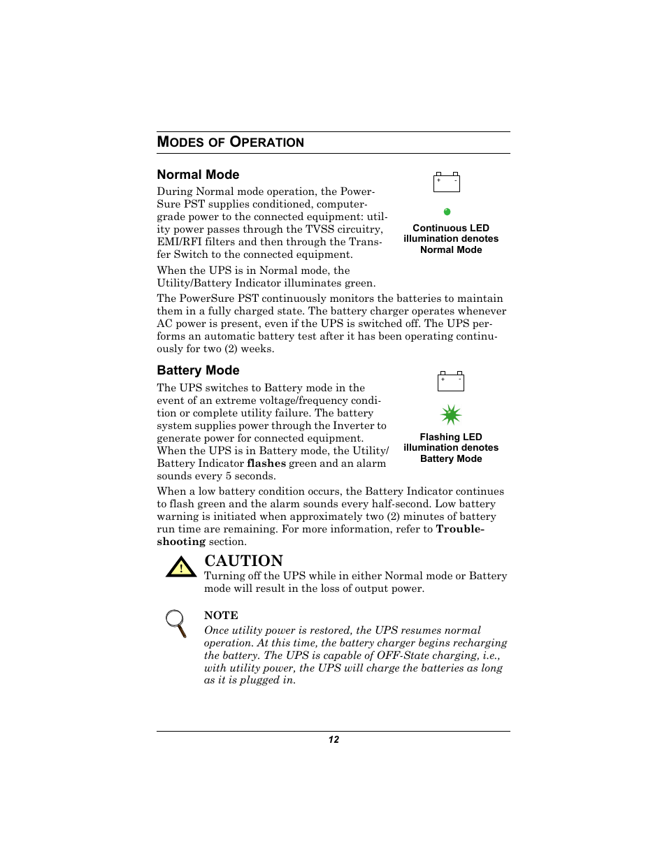 Modes of operation, Normal mode, Battery mode | Odes, Peration, Normal mode battery mode, Caution | Liebert 350-500 VA User Manual | Page 16 / 24