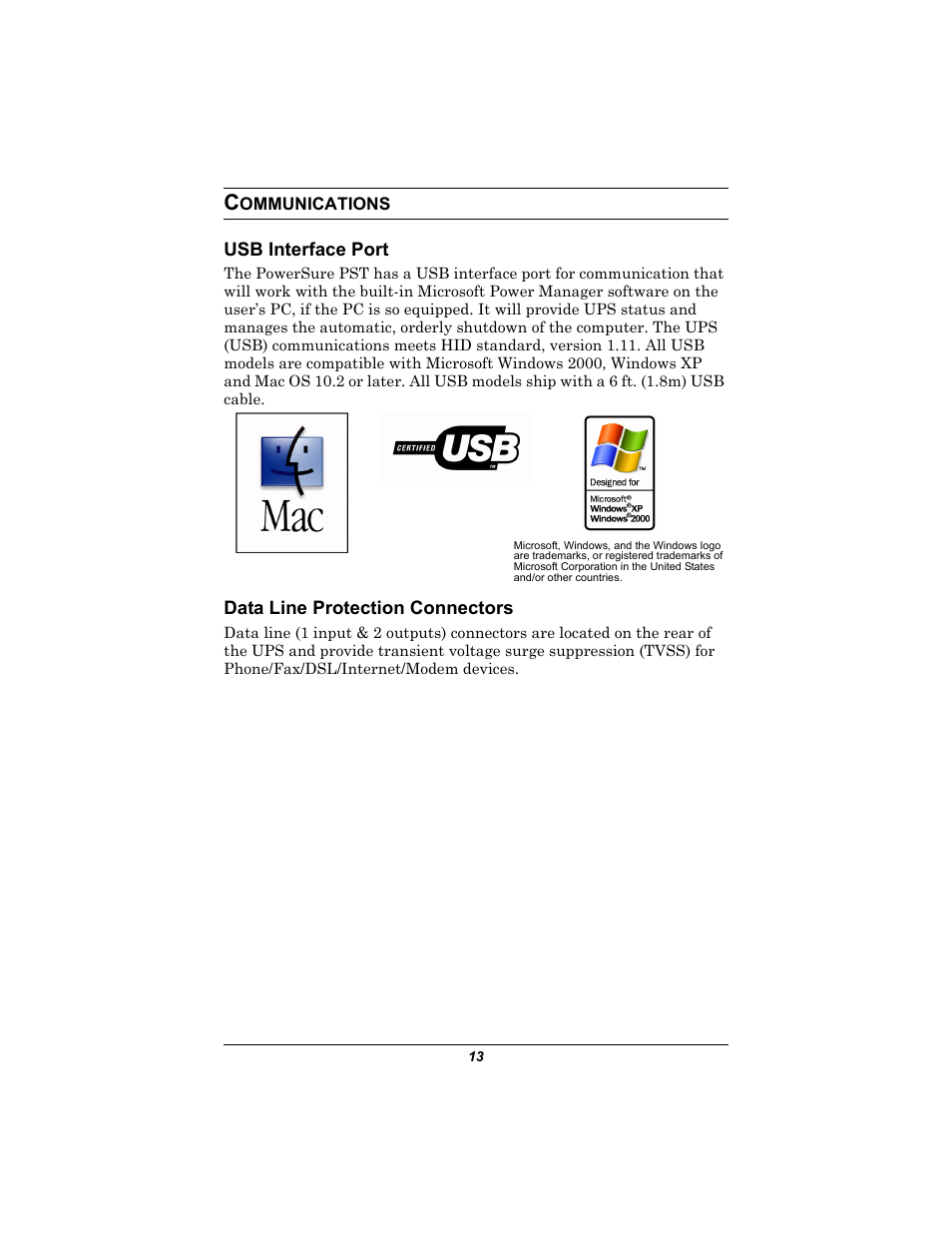 Communications, Usb interface port, Data line protection connectors | Ommunications, Usb interface port data line protection connectors | Liebert 350-500 VA User Manual | Page 17 / 24