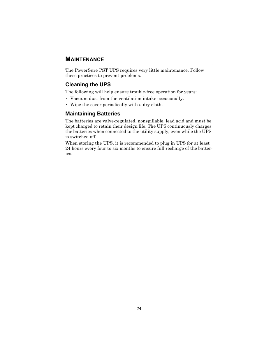 Maintenance, Cleaning the ups, Maintaining batteries | Aintenance, Cleaning the ups maintaining batteries | Liebert 350-500 VA User Manual | Page 18 / 24