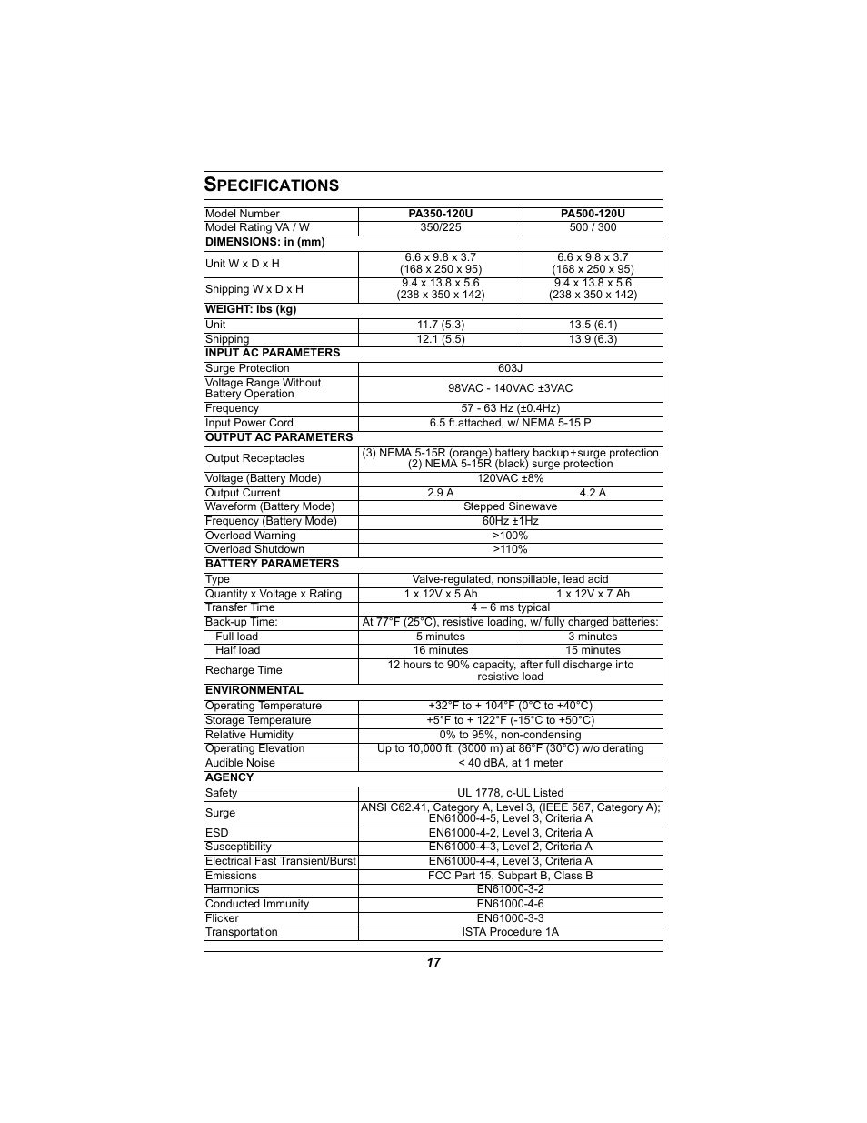 Specifications, Pecifications | Liebert 350-500 VA User Manual | Page 21 / 24