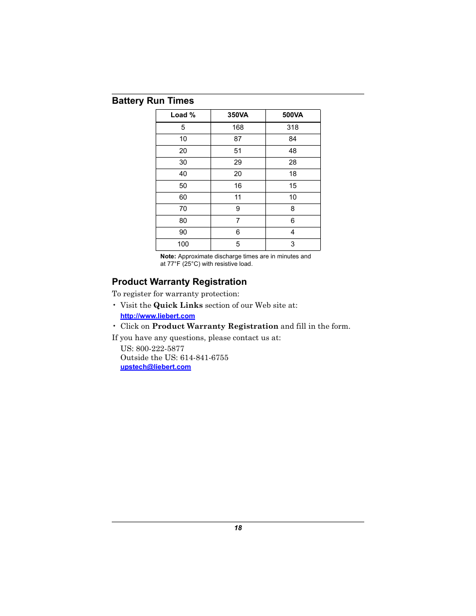 Battery run times, Product warranty registration, Battery run times product warranty registration | Liebert 350-500 VA User Manual | Page 22 / 24