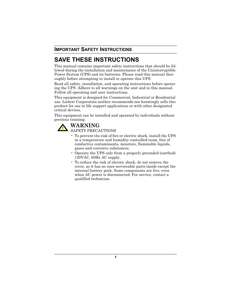 Important safety instructions, Mportant, Afety | Nstructions, Save these instructions, Warning | Liebert 350-500 VA User Manual | Page 5 / 24