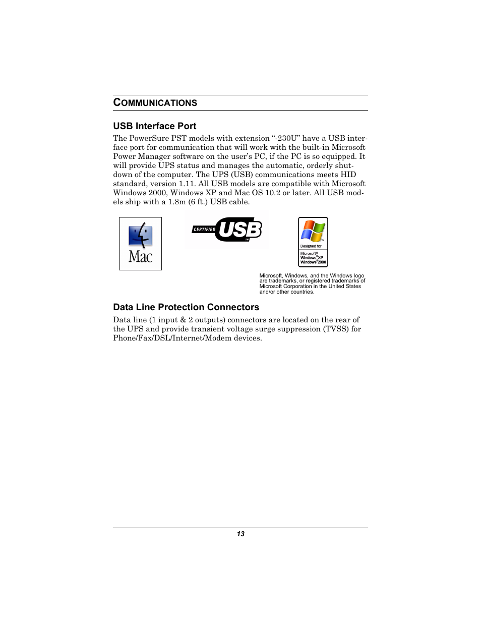 Communications, Usb interface port, Data line protection connectors | Ommunications, Usb interface port data line protection connectors | Liebert 500-650 VA User Manual | Page 17 / 24