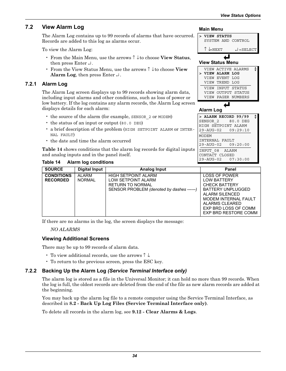 2 view alarm log, 1 alarm log, Table 14 alarm log conditions | Viewing additional screens, View alarm log, Alarm log, Backing up the alarm log (service terminal, Table 14, Alarm log conditions | Liebert Universal Monitor User Manual | Page 42 / 144