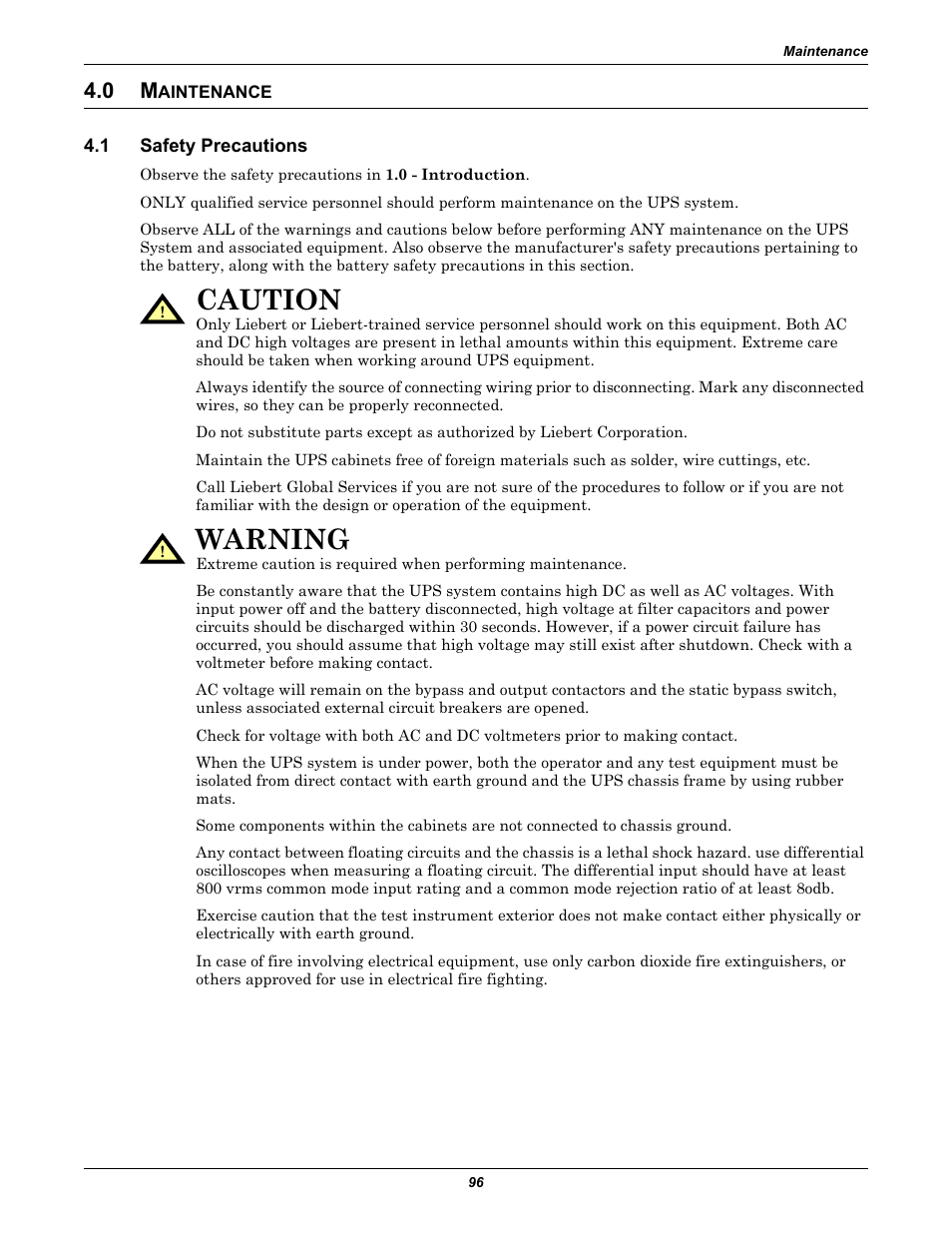 0 maintenance, 1 safety precautions, Aintenance | Safety precautions, Caution, Warning | Liebert 30-130kVA User Manual | Page 104 / 112
