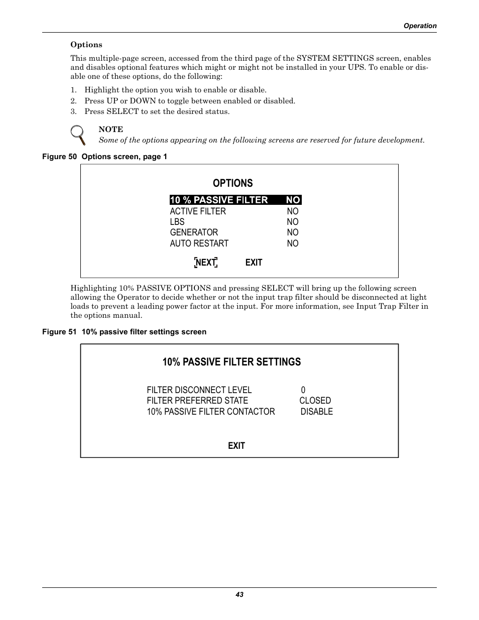 Figure 51 10% passive filter settings screen, Options, 10% passive filter settings | Liebert 30-130kVA User Manual | Page 51 / 112