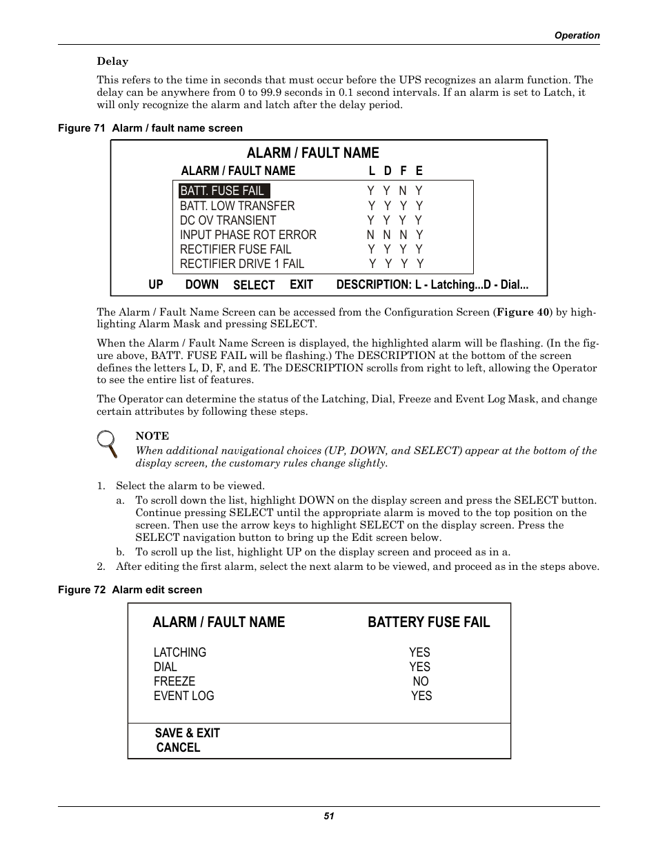 Figure 71 alarm / fault name screen, Figure 72 alarm edit screen, Alarm / fault name | Battery fuse fail | Liebert 30-130kVA User Manual | Page 59 / 112