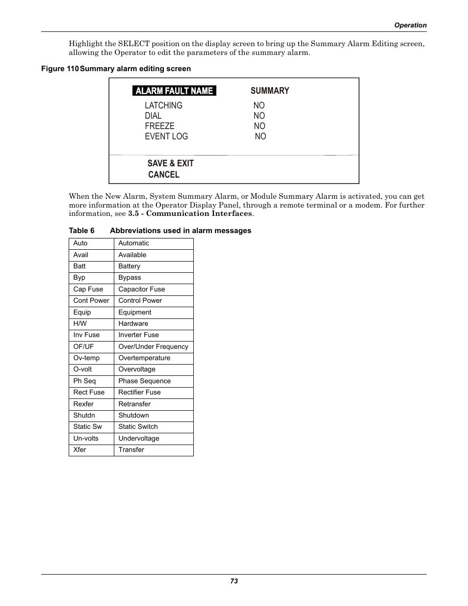 Figure 110 summary alarm editing screen, Table 6 abbreviations used in alarm messages, Table 6 | Abbreviations used in alarm messages | Liebert 30-130kVA User Manual | Page 81 / 112