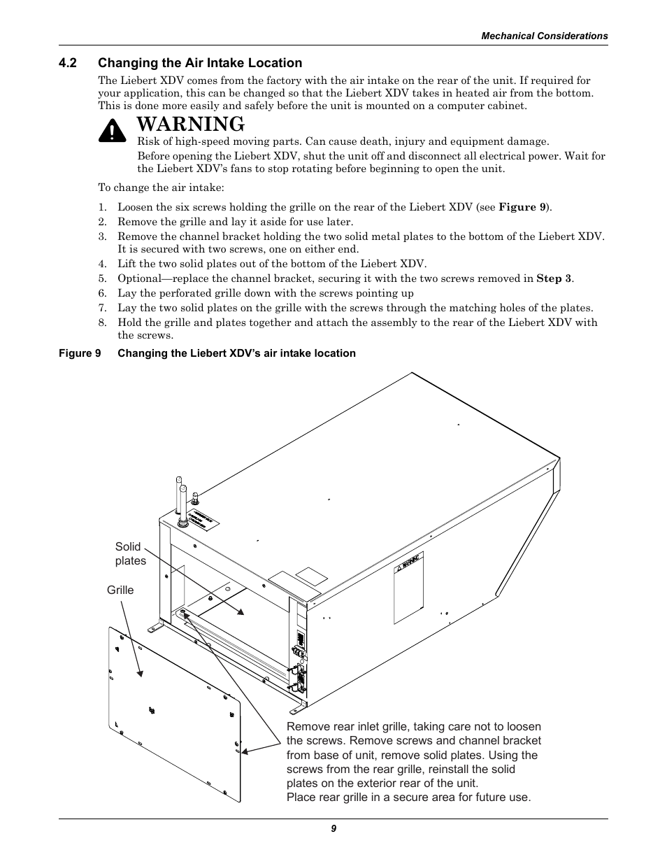 2 changing the air intake location, Changing the air intake location, Figure 9 | Changing the liebert xdv’s air intake location, Warning | Liebert Cooling System XDV User Manual | Page 15 / 48