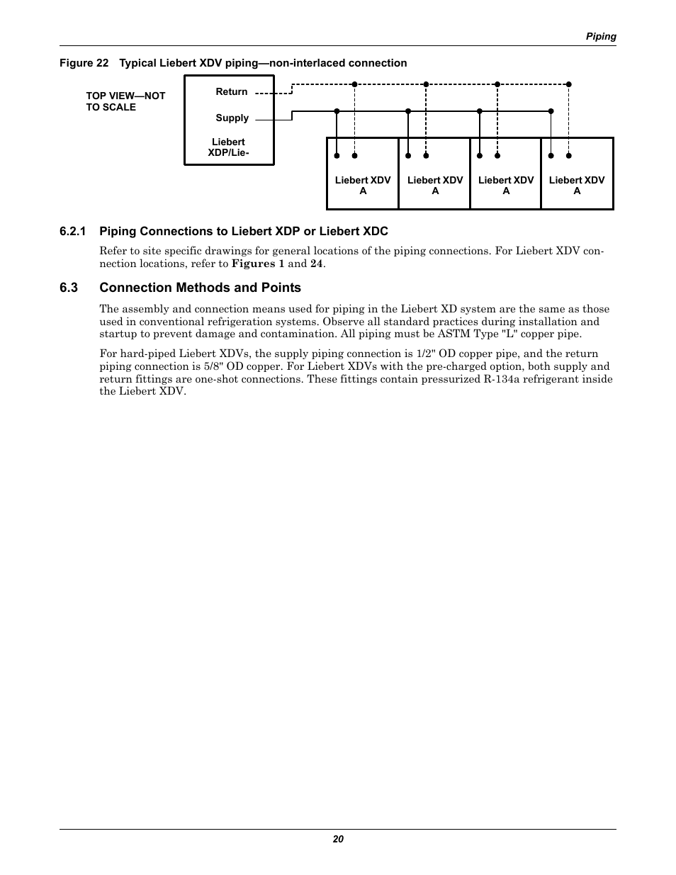 1 piping connections to liebert xdp or liebert xdc, 3 connection methods and points, Piping connections to liebert xdp or liebert xdc | Connection methods and points | Liebert Cooling System XDV User Manual | Page 26 / 48