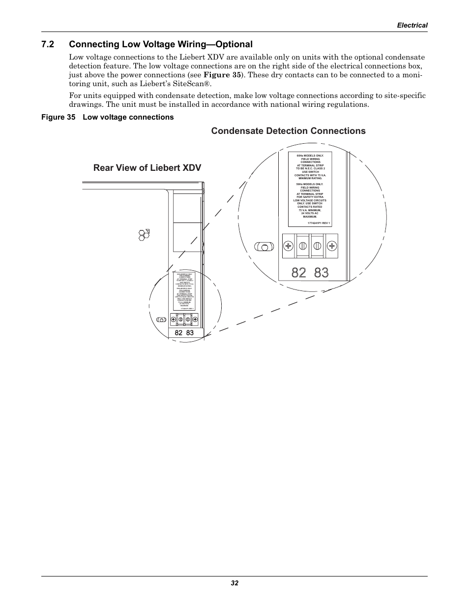 2 connecting low voltage wiring—optional, Figure 35 low voltage connections, Connecting low voltage wiring—optional | Electrical 32 | Liebert Cooling System XDV User Manual | Page 38 / 48