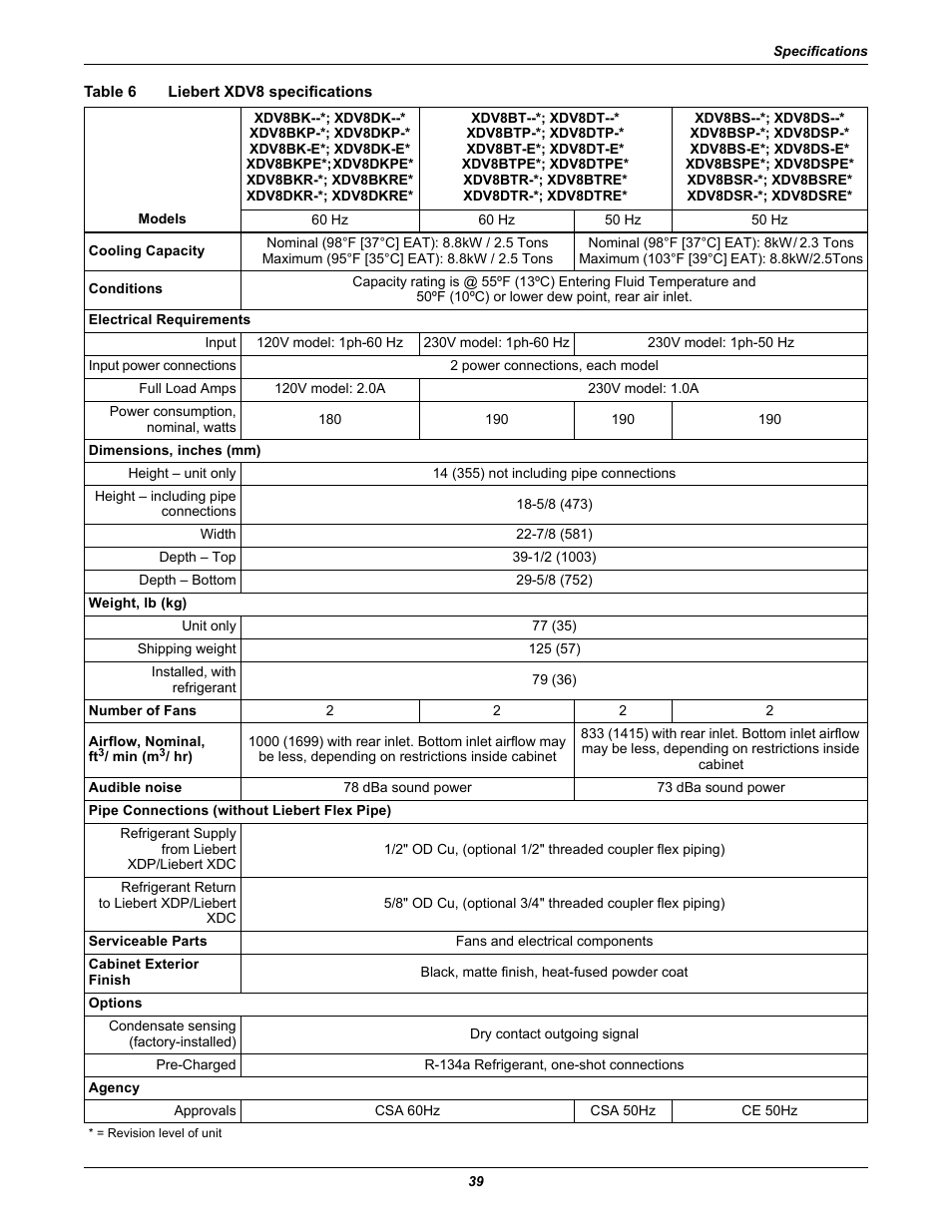 Table 6 liebert xdv8 specifications, Table 6, Liebert xdv8 specifications | Liebert Cooling System XDV User Manual | Page 45 / 48