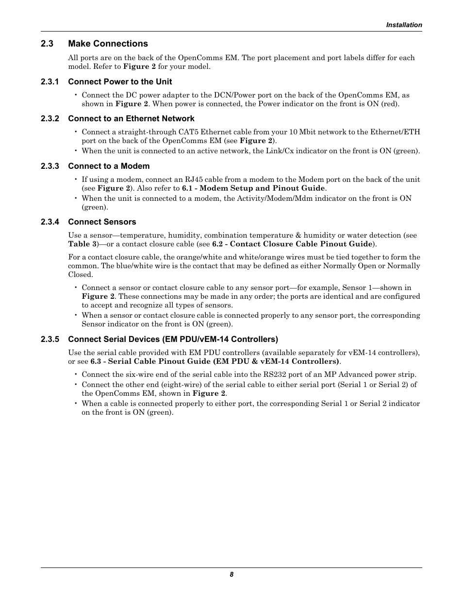 3 make connections, 1 connect power to the unit, 2 connect to an ethernet network | 3 connect to a modem, 4 connect sensors, Make connections, Connect power to the unit, Connect to an ethernet network, Connect to a modem, Connect sensors | Liebert EM User Manual | Page 14 / 48