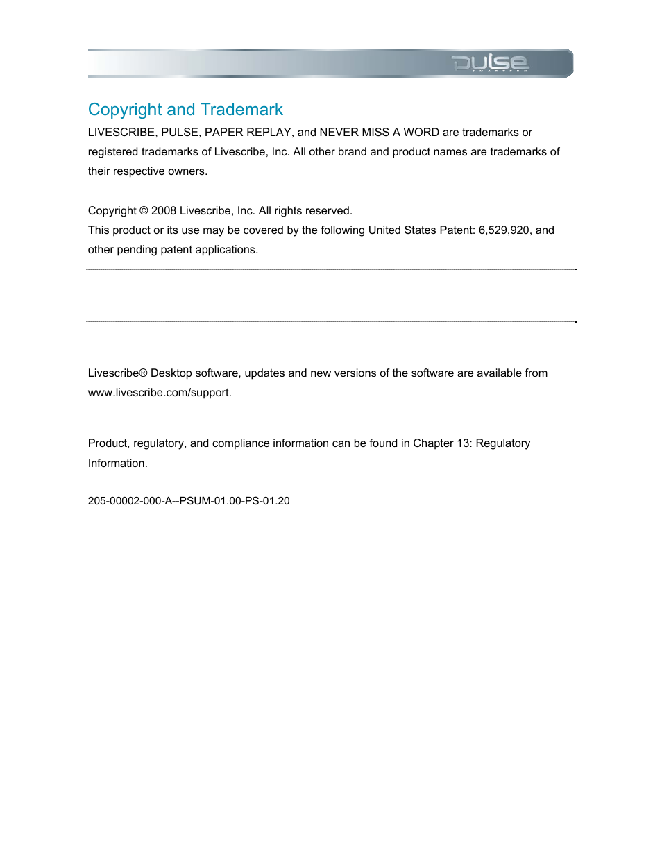 Copyright and trademark, Software download available, Agency compliance information | Livescribe PULSE User Manual | Page 2 / 89