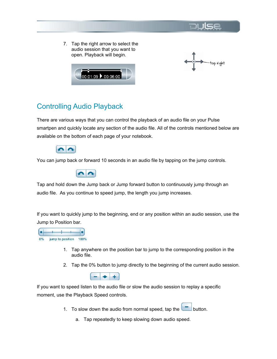 Controlling audio playback, Jump, Speed jump | Jump to position bar, Playback speed, Ontrolling, Udio, Layback | Livescribe PULSE User Manual | Page 28 / 89