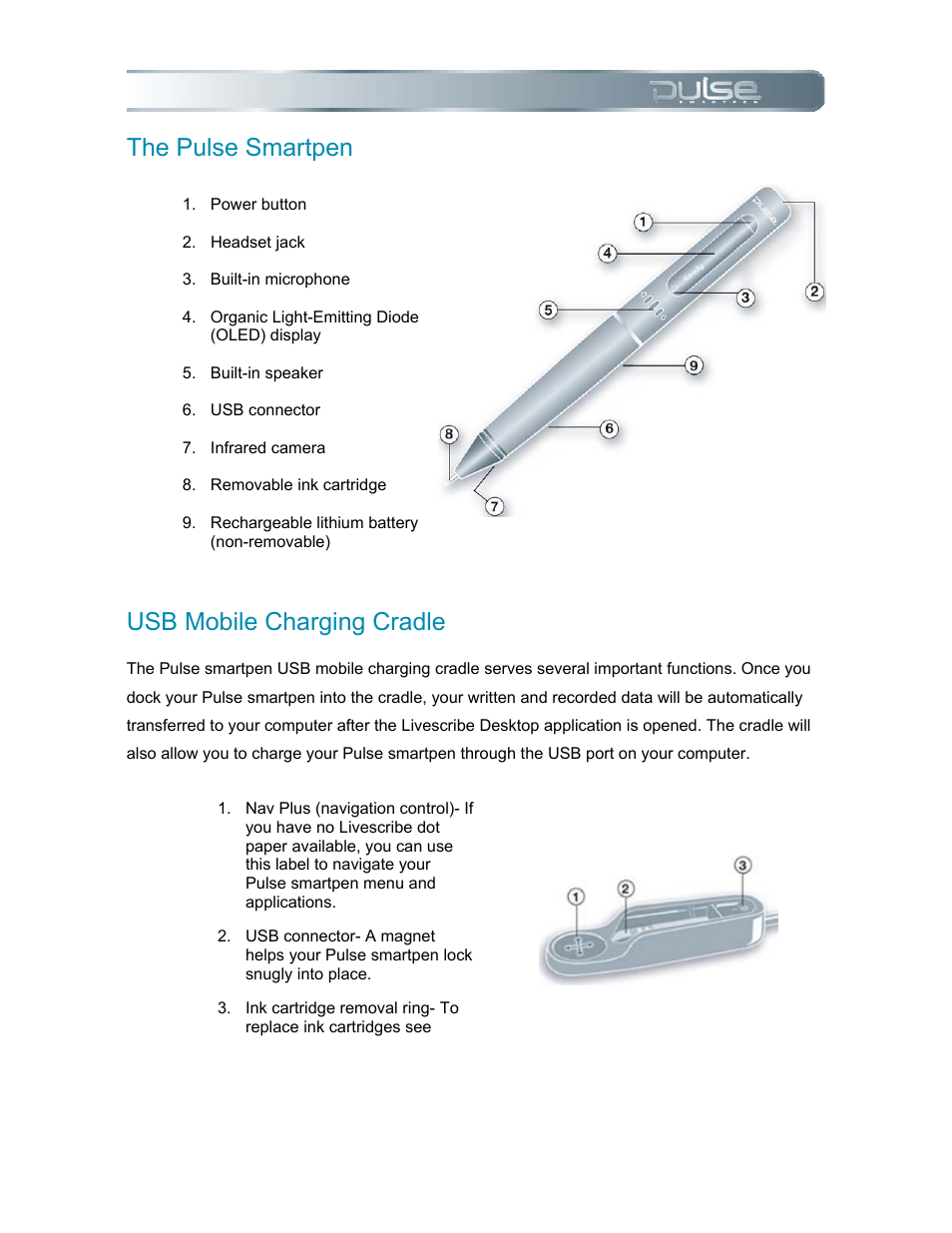 The pulse smartpen, Usb mobile charging cradle, Ulse | Martpen, Obile, Harging, Radle | Livescribe PULSE User Manual | Page 8 / 89