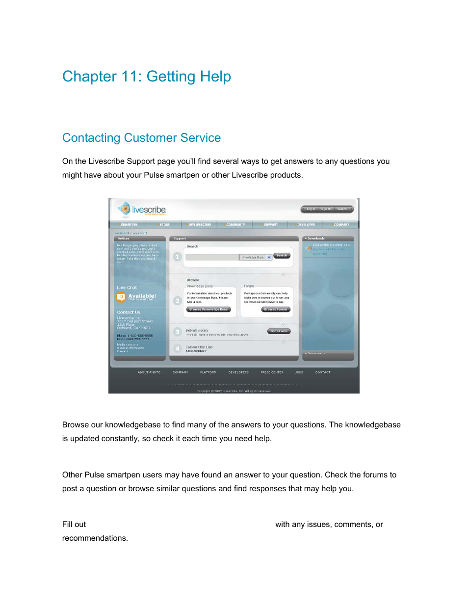 Chapter 11: getting help, Contacting customer service, Web-based knowledgebase | Web-based forum, Response form, Chapter 11: getting help 81, Ontacting, Ustomer, Ervice | Livescribe PULSE User Manual | Page 81 / 89