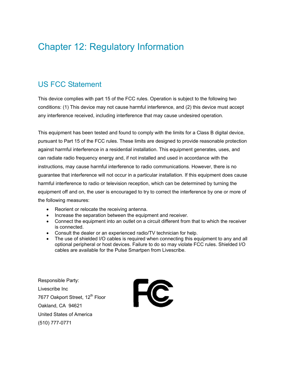 Chapter 12: regulatory information, Us fcc statement, Chapter 12: regulatory information 83 | Tatement | Livescribe PULSE User Manual | Page 83 / 89