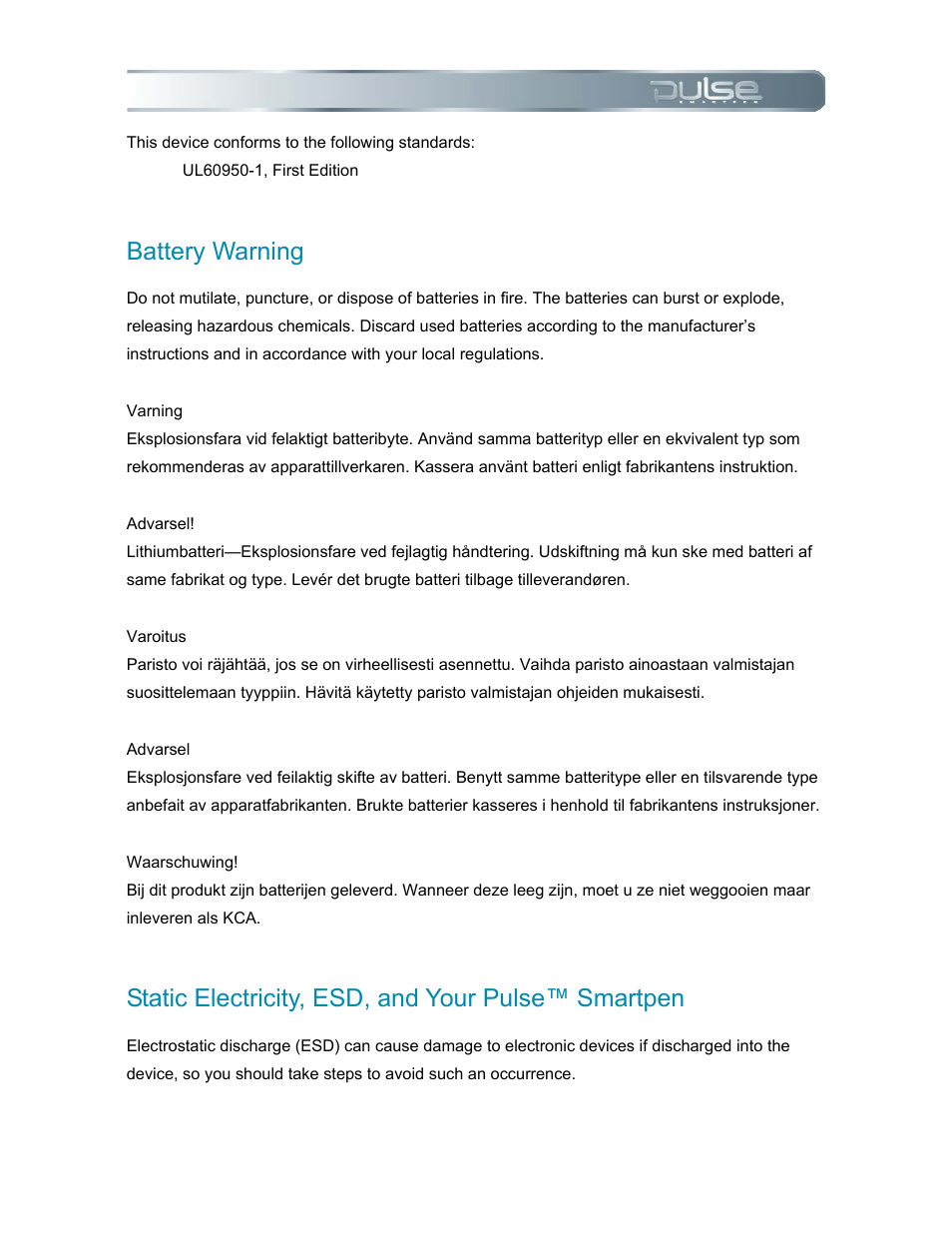 Battery warning, Static electricity, esd, and your pulse™ smartpen, Attery | Arning, Tatic, Lectricity, Ulse, Martpen | Livescribe PULSE User Manual | Page 85 / 89