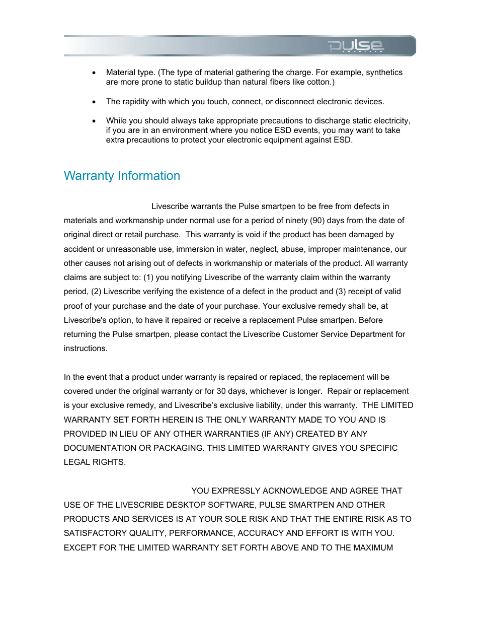 Warranty information | Livescribe PULSE User Manual | Page 87 / 89