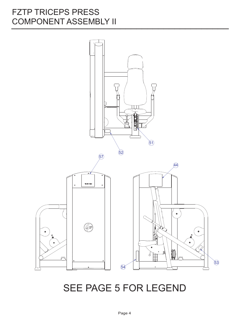 See page 5 for legend, Component assembly ii, Fztp triceps press | Life Fitness FZTP User Manual | Page 4 / 17