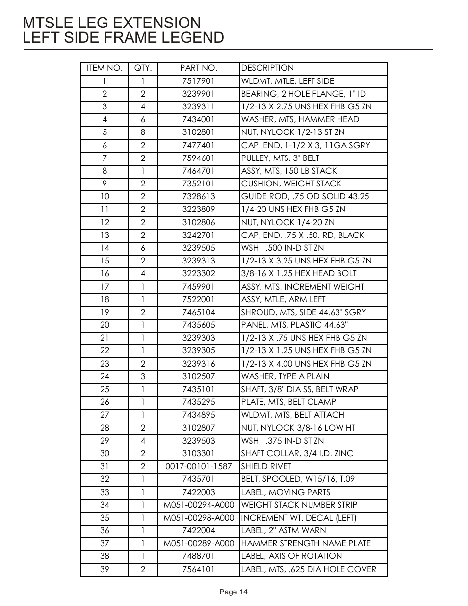 Left side frame legend mtsle leg extension | Life Fitness MTSLE User Manual | Page 14 / 18
