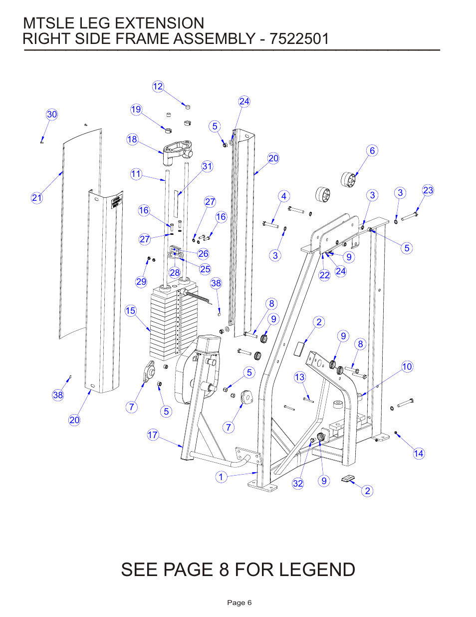 See page 8 for legend, Mtsle leg extension | Life Fitness MTSLE User Manual | Page 6 / 18
