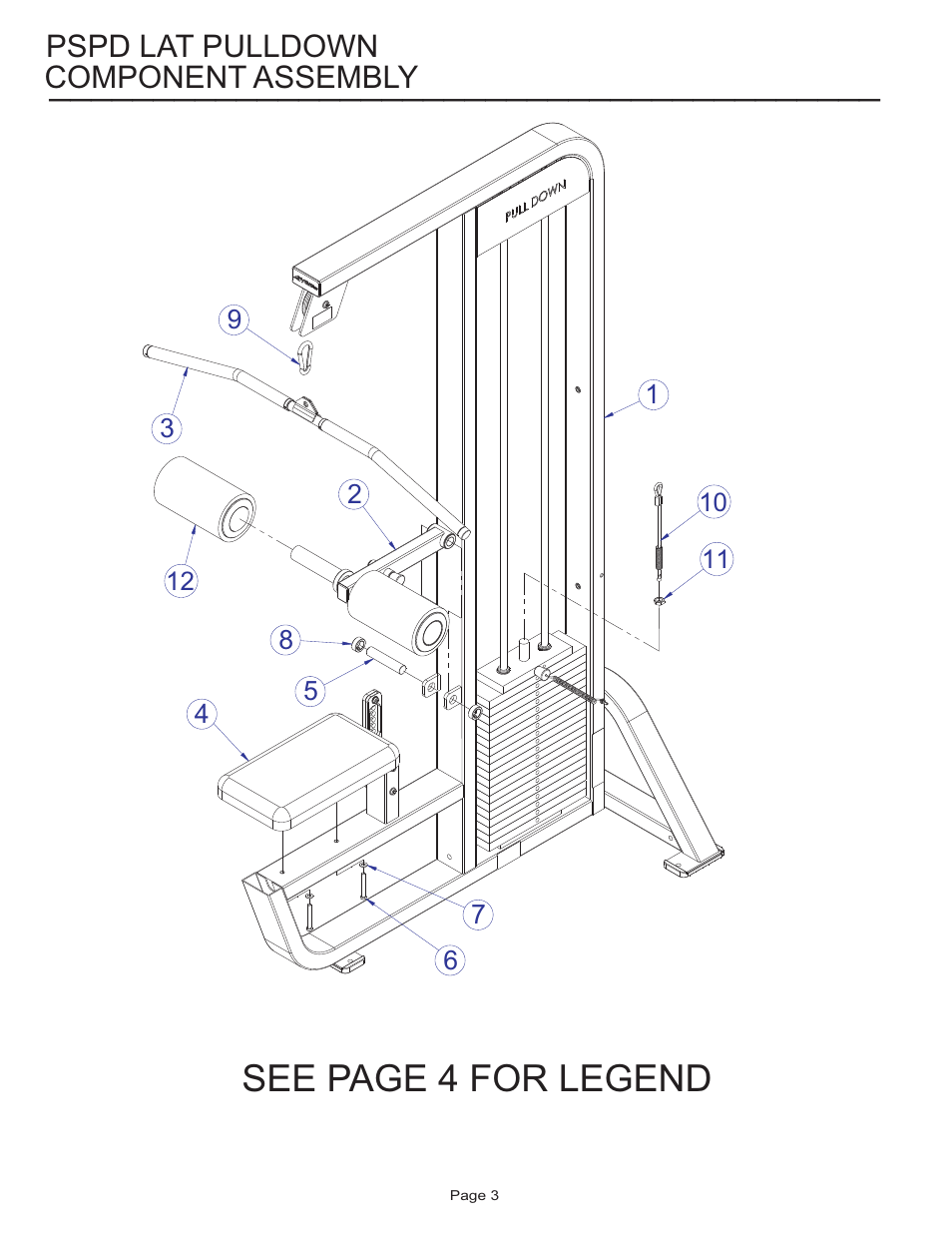 See page 4 for legend, Component assembly, Pspd lat pulldown | Life Fitness Pro 2 Series PSPD User Manual | Page 3 / 11