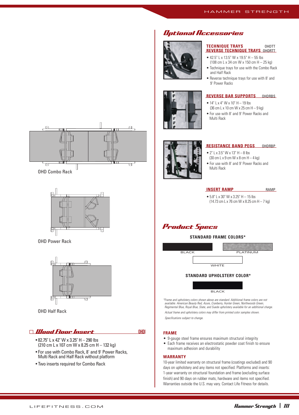 Optional accessories, Product specs, Wood floor insert | Hammer strength, Ohdi | Life Fitness Hammer Strength OHDRacks User Manual | Page 6 / 6