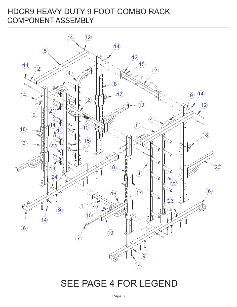 See page 4 for legend, Component assembly, Hdcr9 heavy duty 9 foot combo rack | Life Fitness HDCR9 User Manual | Page 3 / 13