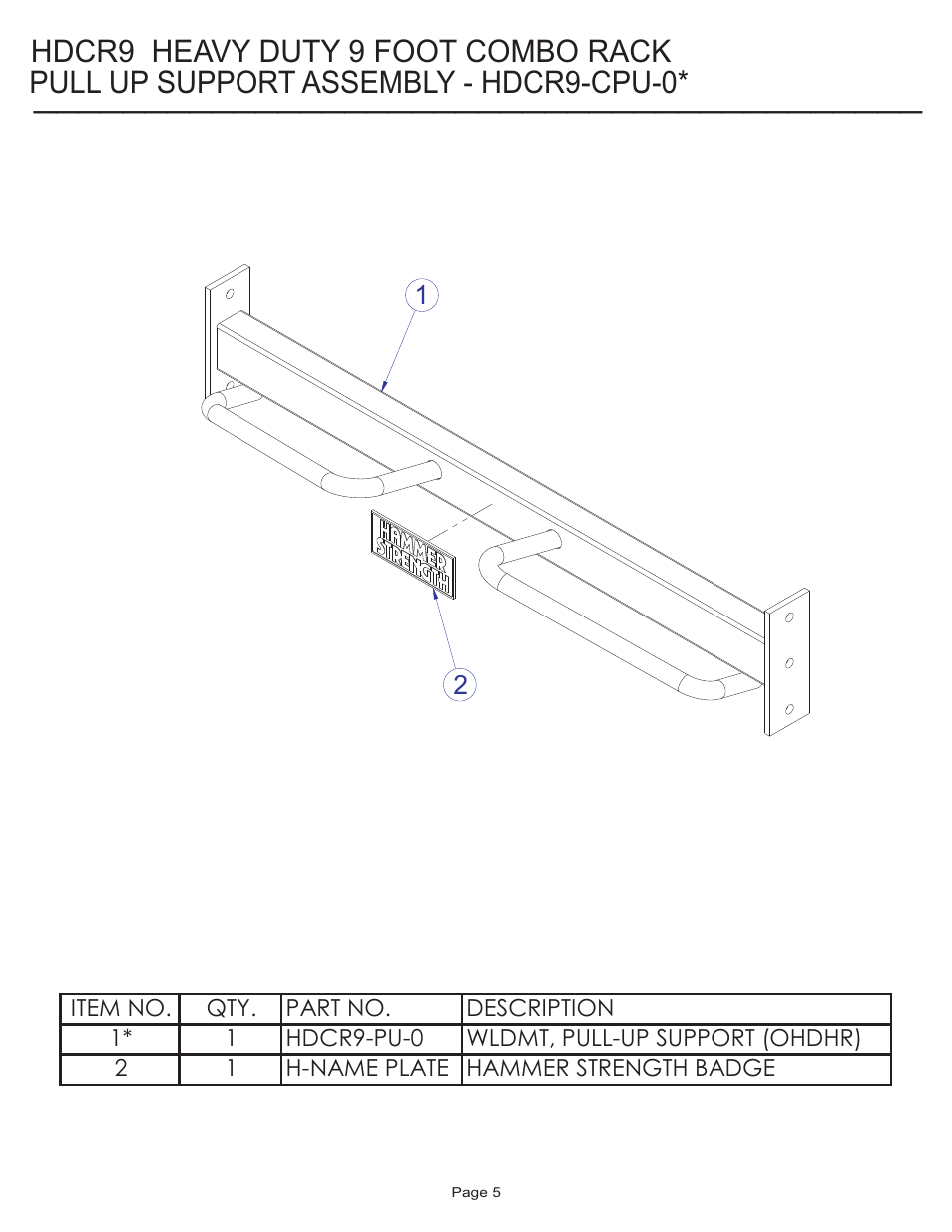 Pull up support assembly - hdcr9-cpu-0, Hdcr9 heavy duty 9 foot combo rack | Life Fitness HDCR9 User Manual | Page 5 / 13
