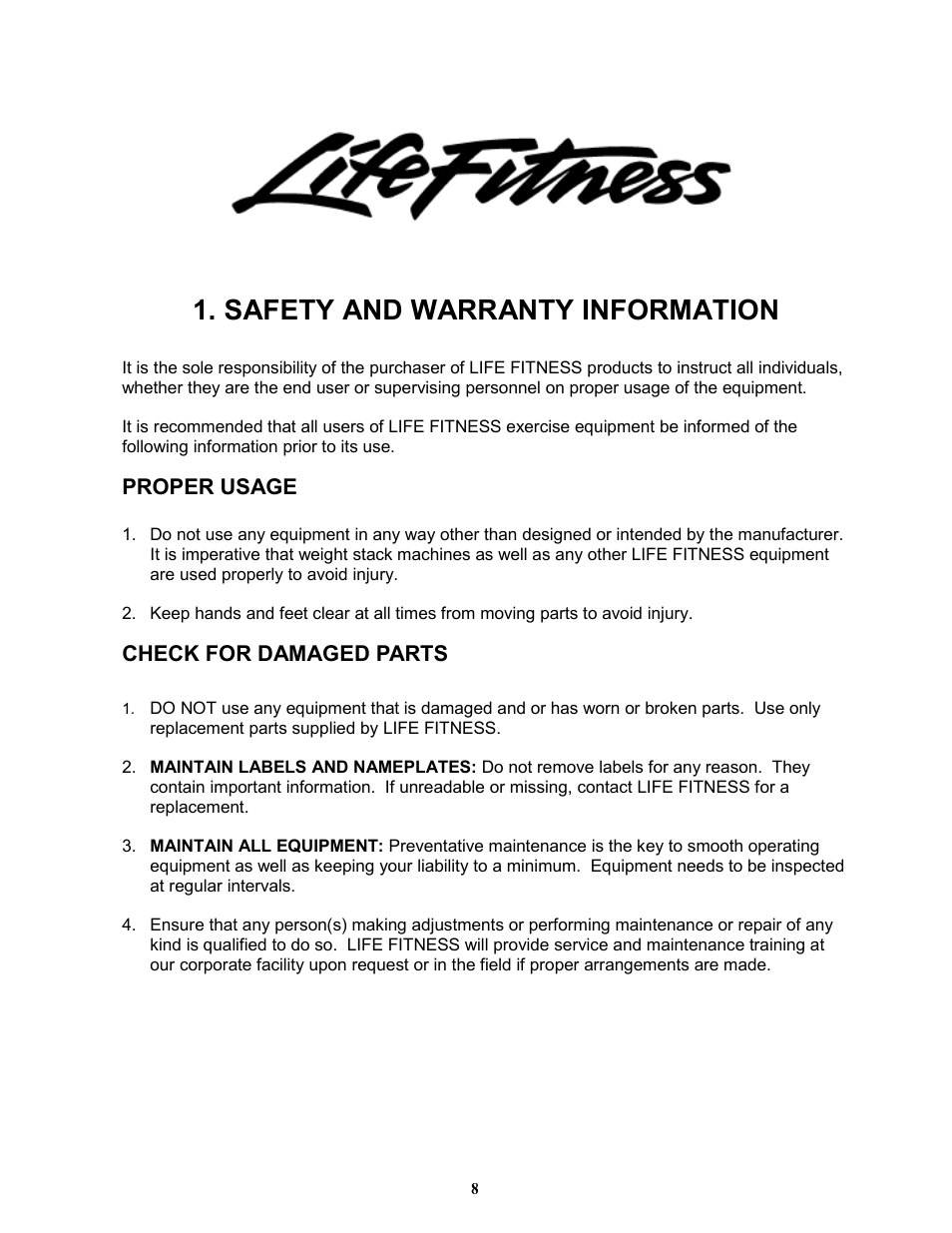 Safety and warranty information | Life Fitness OHD-LIP User Manual | Page 8 / 10