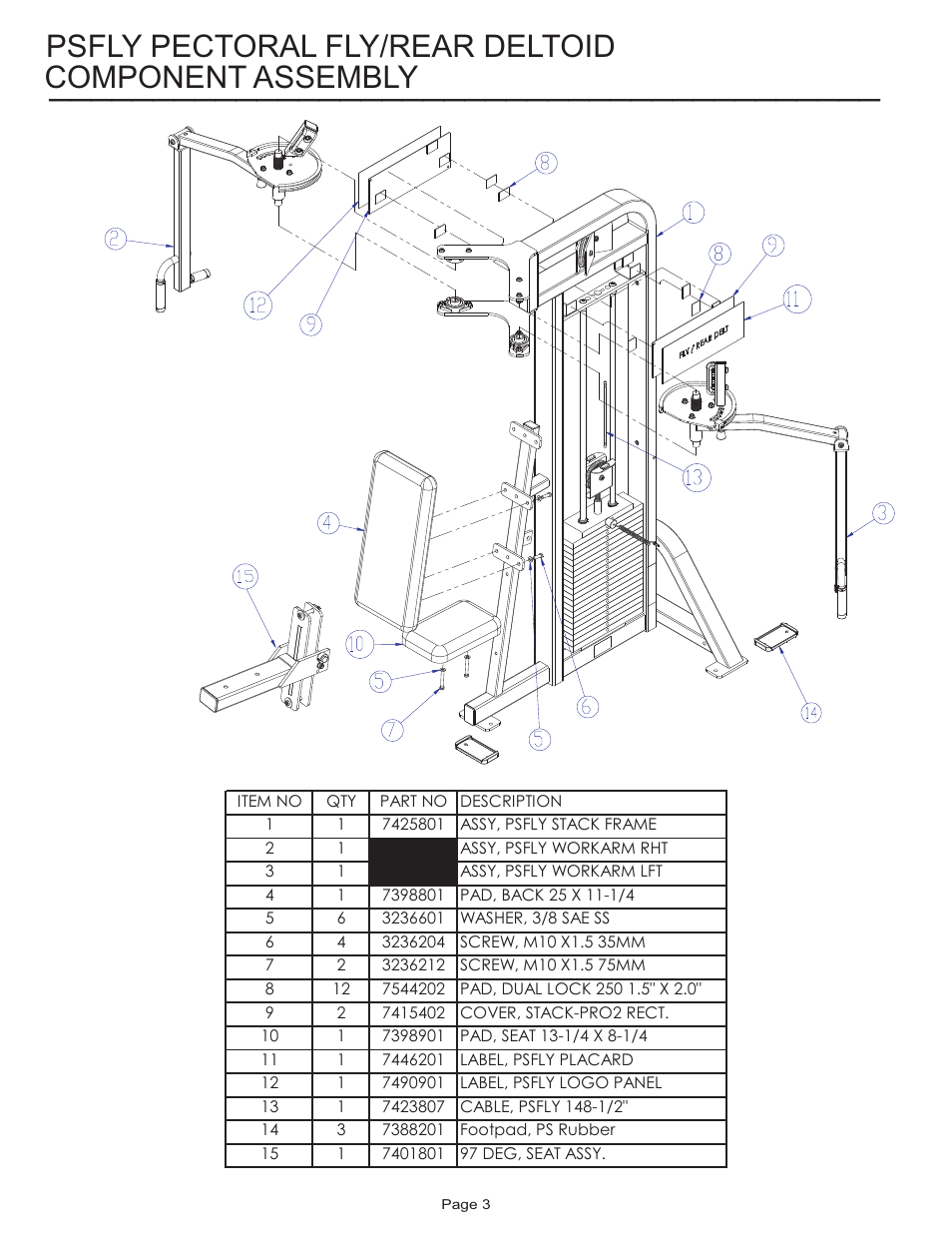 Component assembly, Psfly pectoral fly/rear deltoid | Life Fitness Pro 2 Series PSFLY User Manual | Page 3 / 10