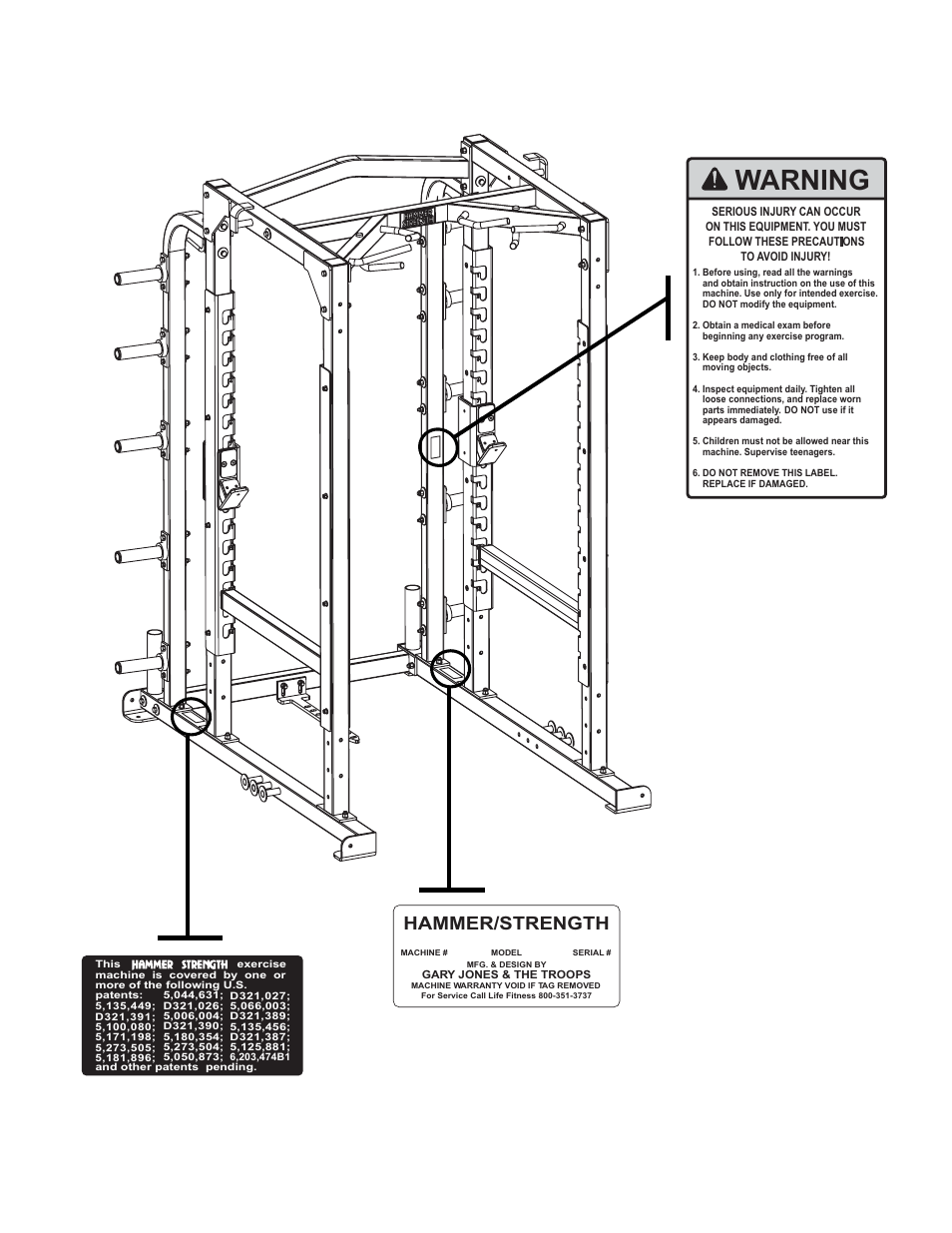 Warning, Hammer/strength | Life Fitness Heavy Duty Power Rack User Manual | Page 3 / 16