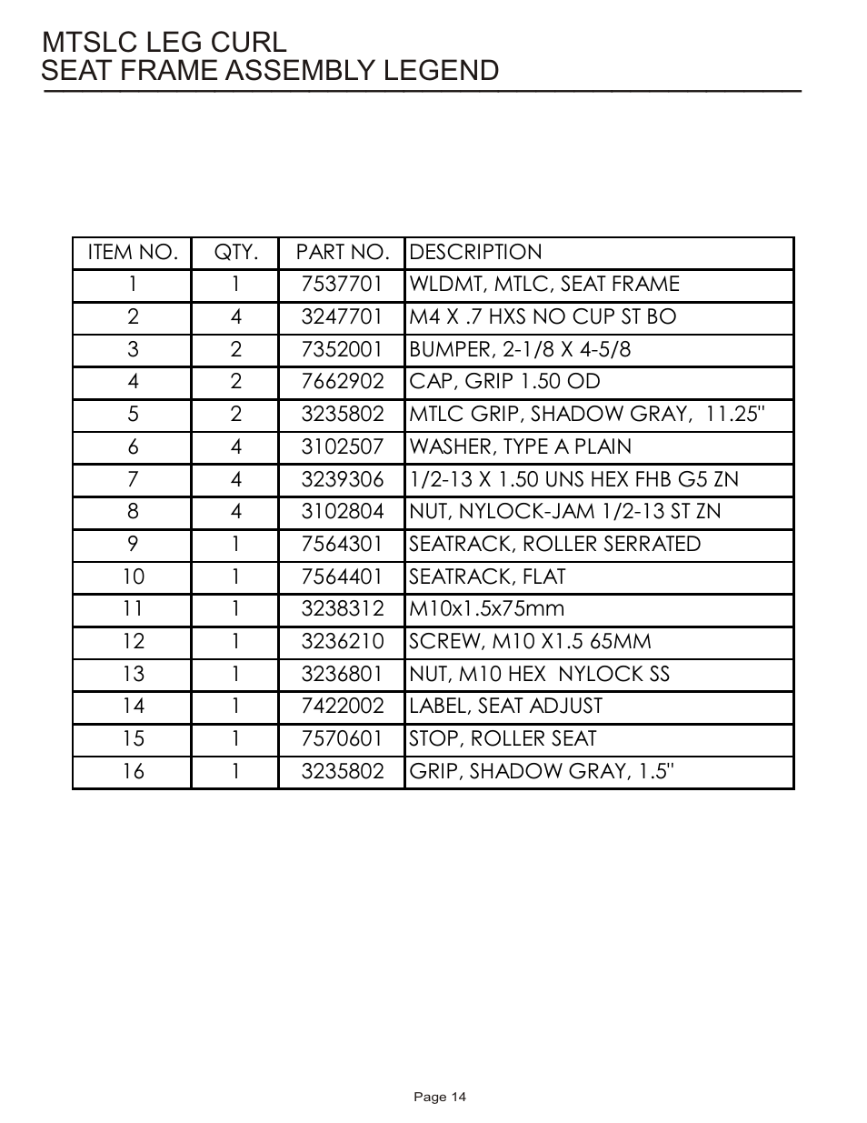 Mtslc leg curl seat frame assembly legend | Life Fitness MTSLC User Manual | Page 14 / 24