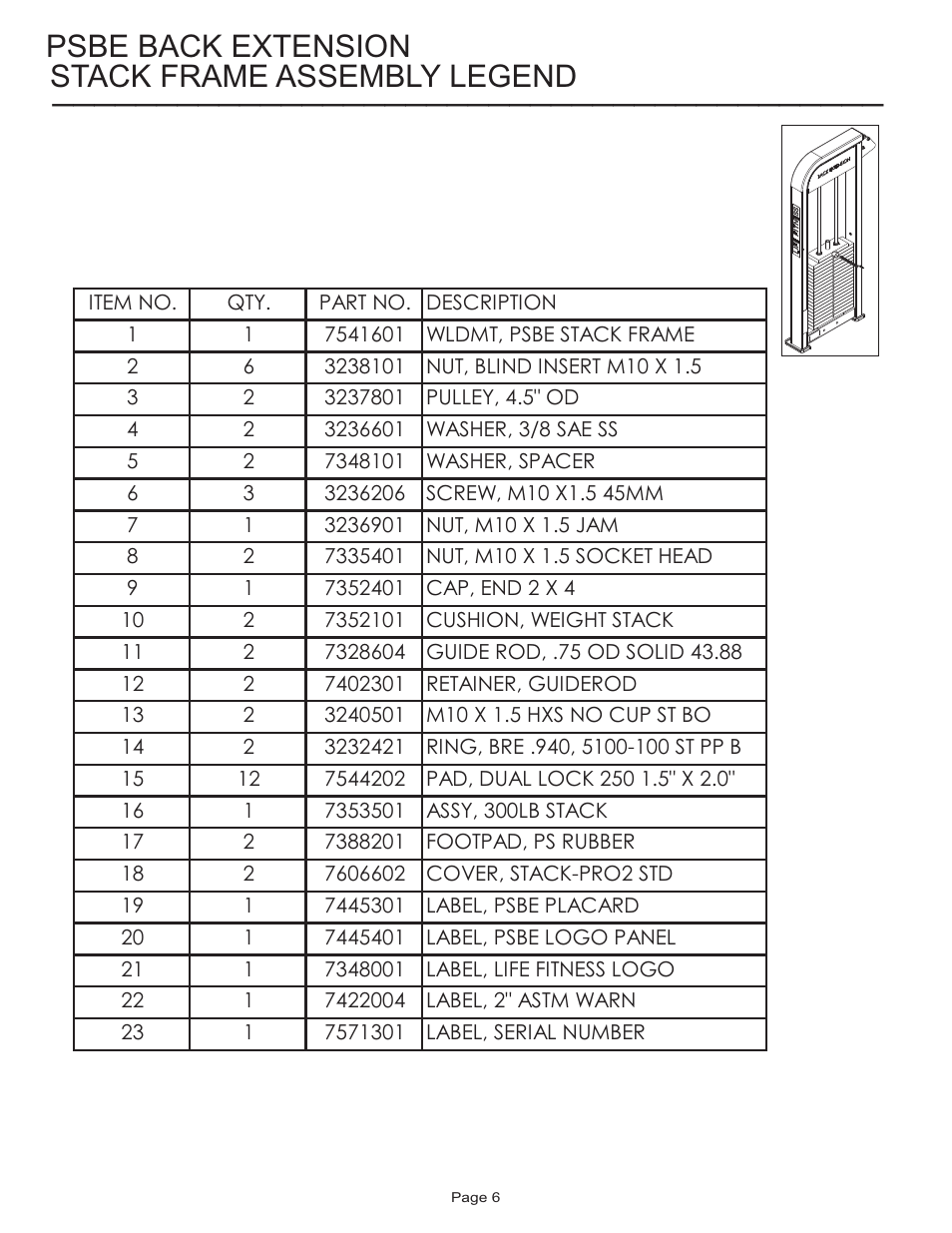 Stack frame assembly legend psbe back extension | Life Fitness Pro 2 Series PSBE User Manual | Page 6 / 13