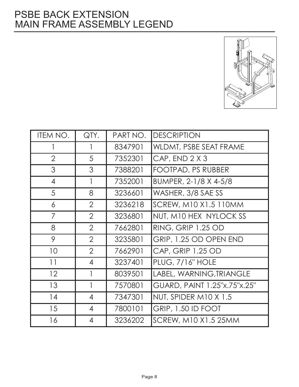Psbe back extension main frame assembly legend | Life Fitness Pro 2 Series PSBE User Manual | Page 8 / 13