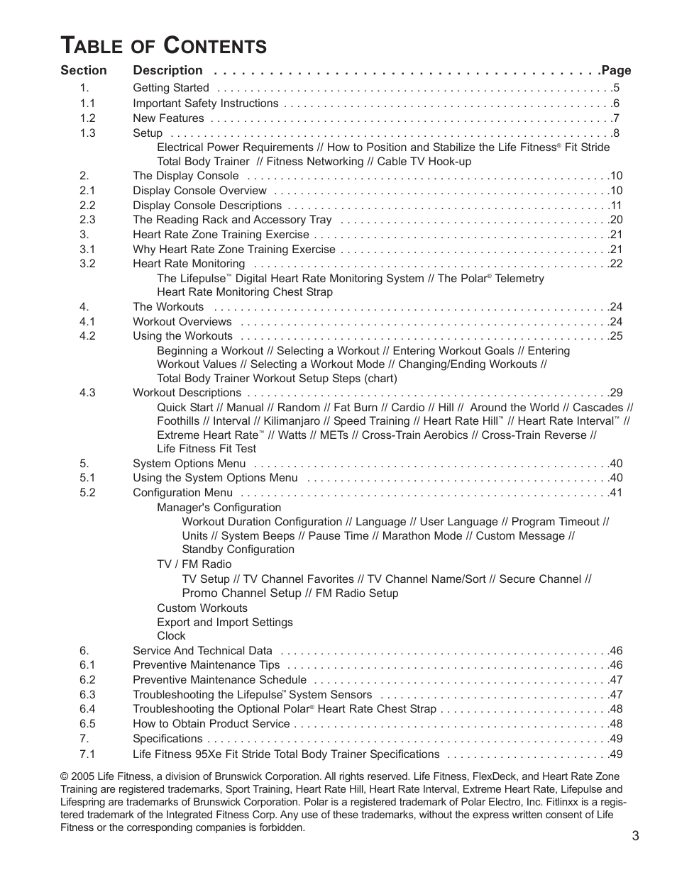 Able of, Ontents | Life Fitness M051-00K62-B095 User Manual | Page 4 / 50