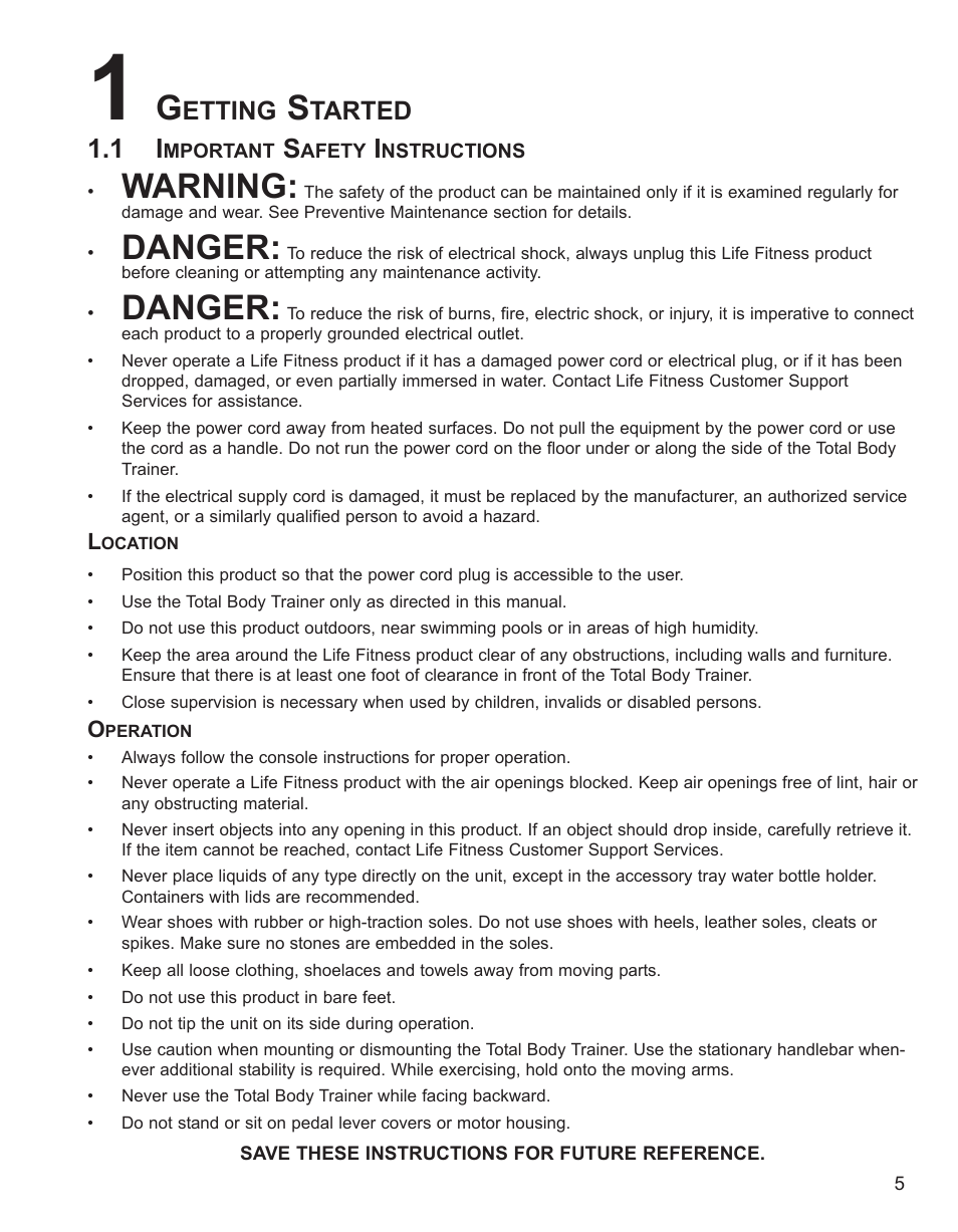 Warning, Danger, Etting | Tarted | Life Fitness M051-00K62-B095 User Manual | Page 6 / 50