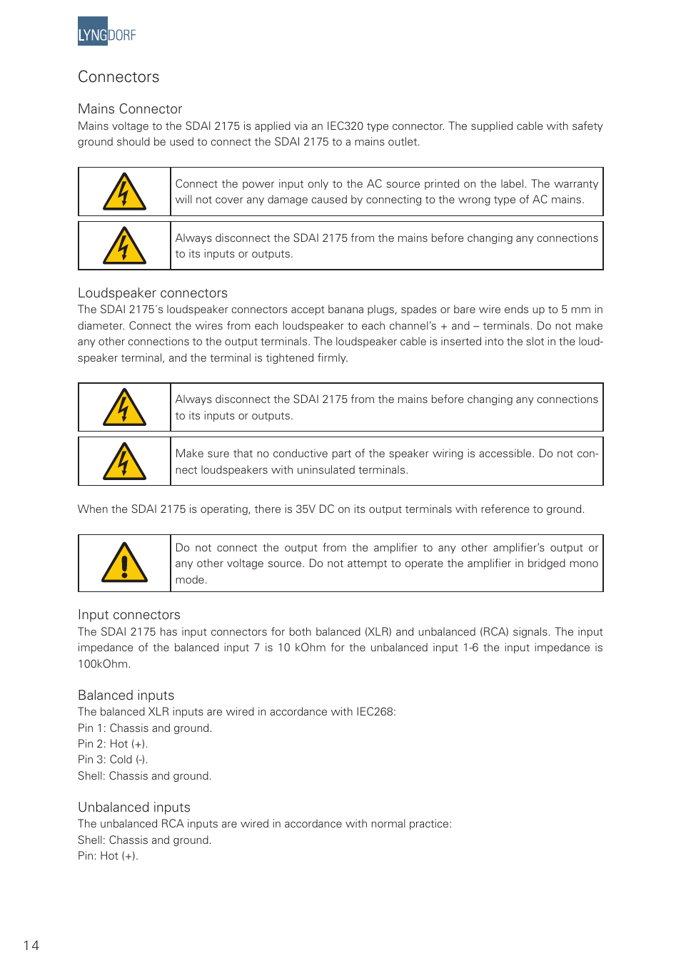 Connectors | Lyngdorf Audio SDAI 2175 User Manual | Page 14 / 20