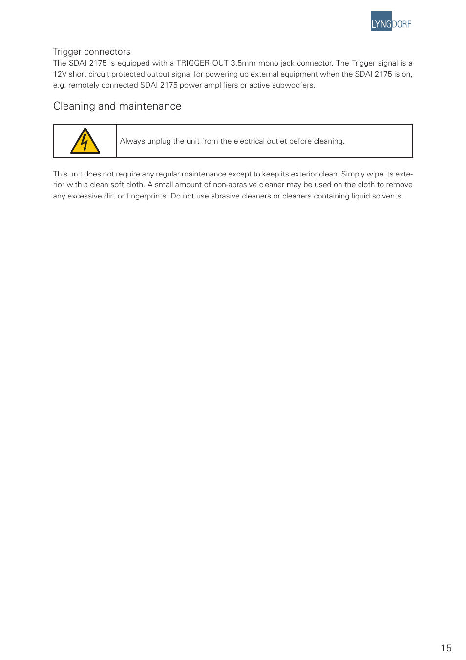Cleaning and maintenance | Lyngdorf Audio SDAI 2175 User Manual | Page 15 / 20
