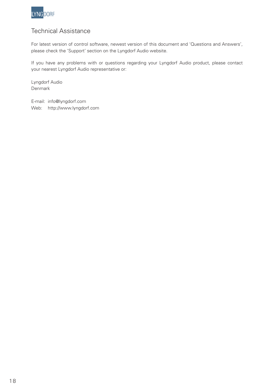 Technical assistance | Lyngdorf Audio SDAI 2175 User Manual | Page 18 / 20