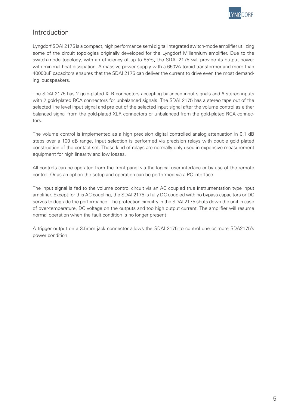 Introduction | Lyngdorf Audio SDAI 2175 User Manual | Page 5 / 20