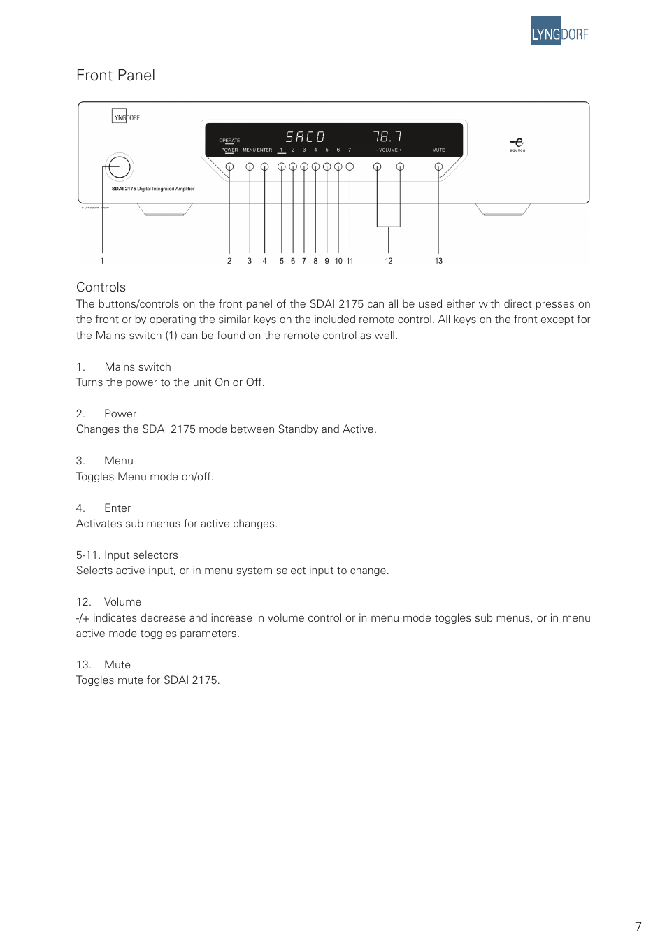 Front panel | Lyngdorf Audio SDAI 2175 User Manual | Page 7 / 20