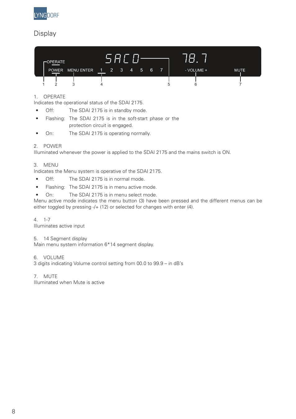 Display | Lyngdorf Audio SDAI 2175 User Manual | Page 8 / 20